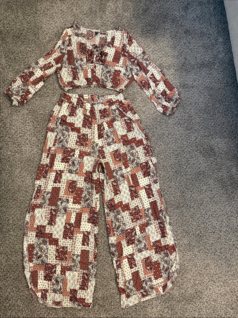 SHEIN Rust and White Patchwork Wide-Leg Jumpsuit